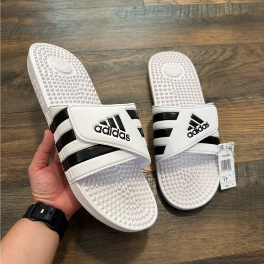 NEW Adidas Adissage Stripe Black White Slip-On Sandals Rubber Slides‎ Mens 17